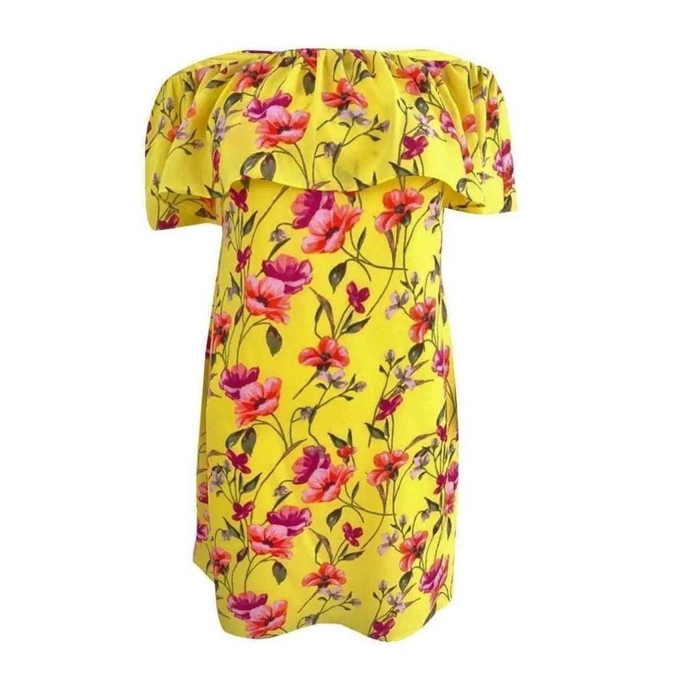 Lauren Ralph Lauren Floral Off Shoulder Shift Dress Yellow Ruffle Womens Size 8